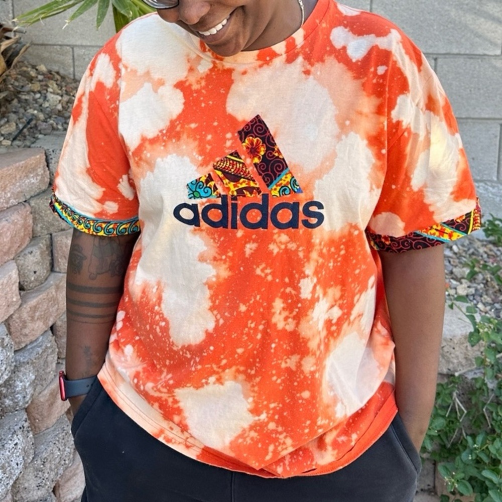 Reworked patchwork bleach dye tshirt - Ankara fabric - XL